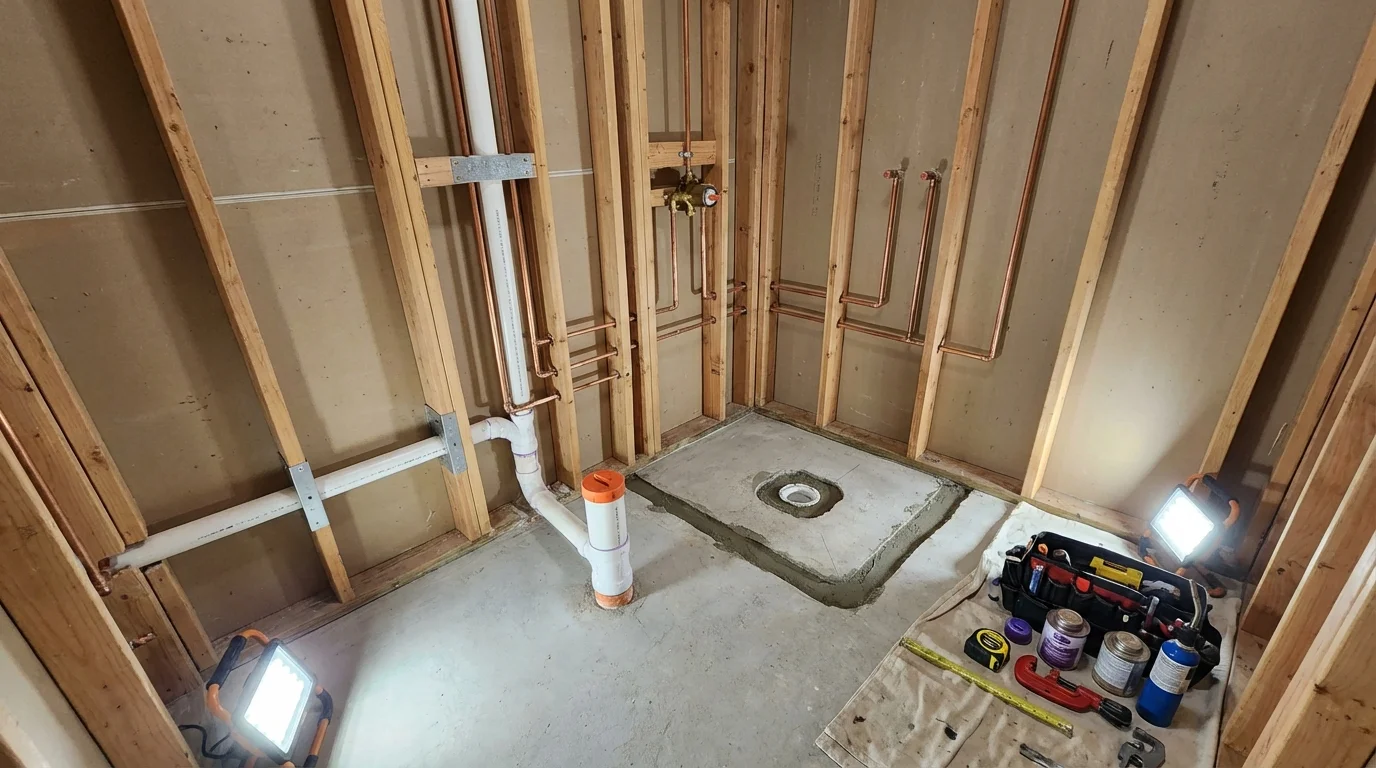 Bathroom rough-in plumbing during remodel by Johns Plumbing LLC in Kinder