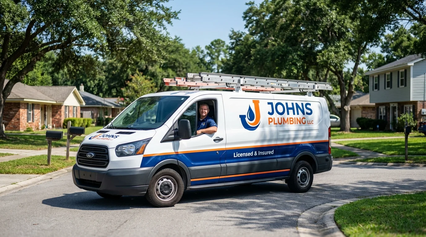 Johns Plumbing LLC service van in Kinder, LA