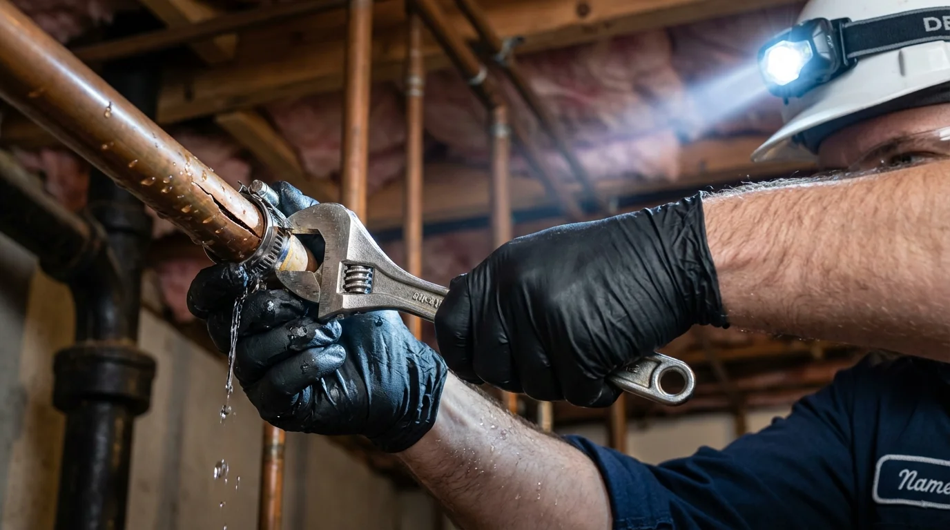 Emergency pipe clamp repair being performed by a Johns Plumbing LLC plumber in Kinder