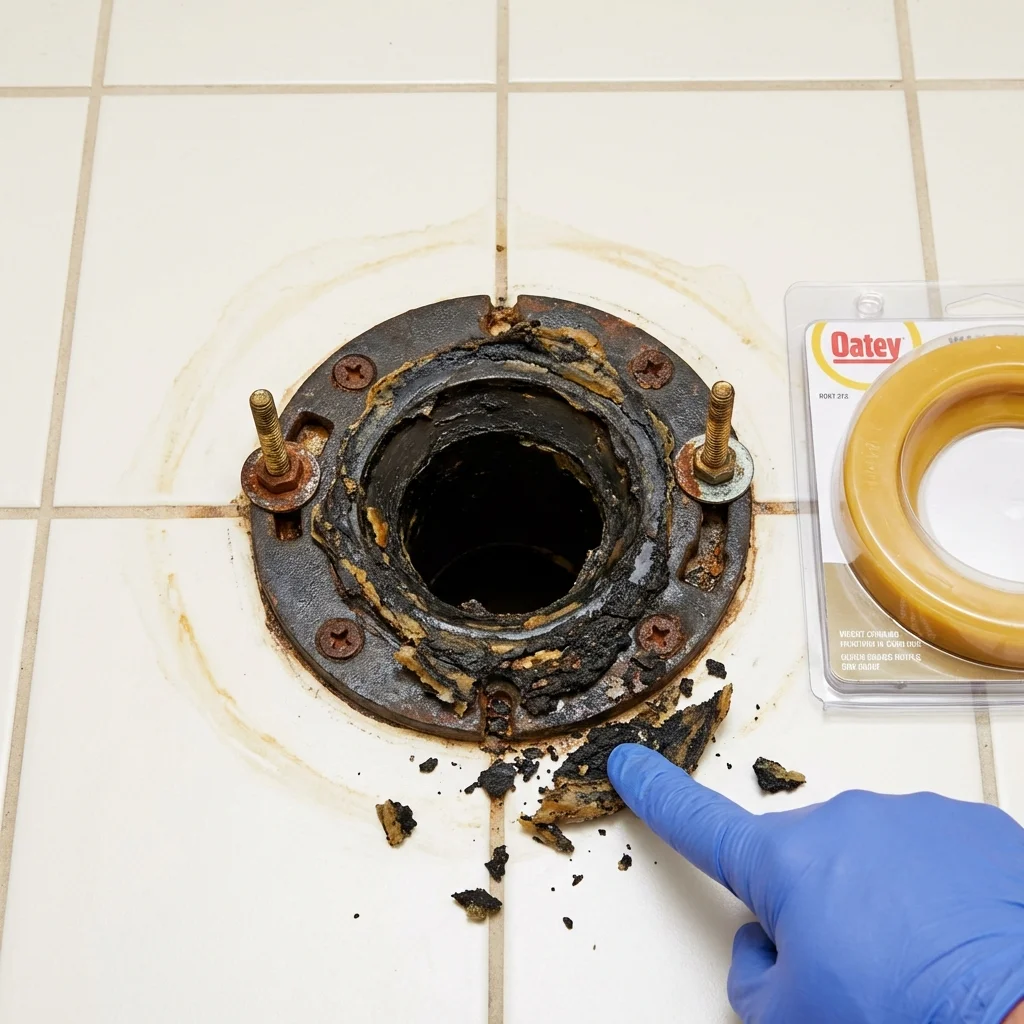 Failed wax ring showing water seepage at the base of a toilet in a Kinder, LA home